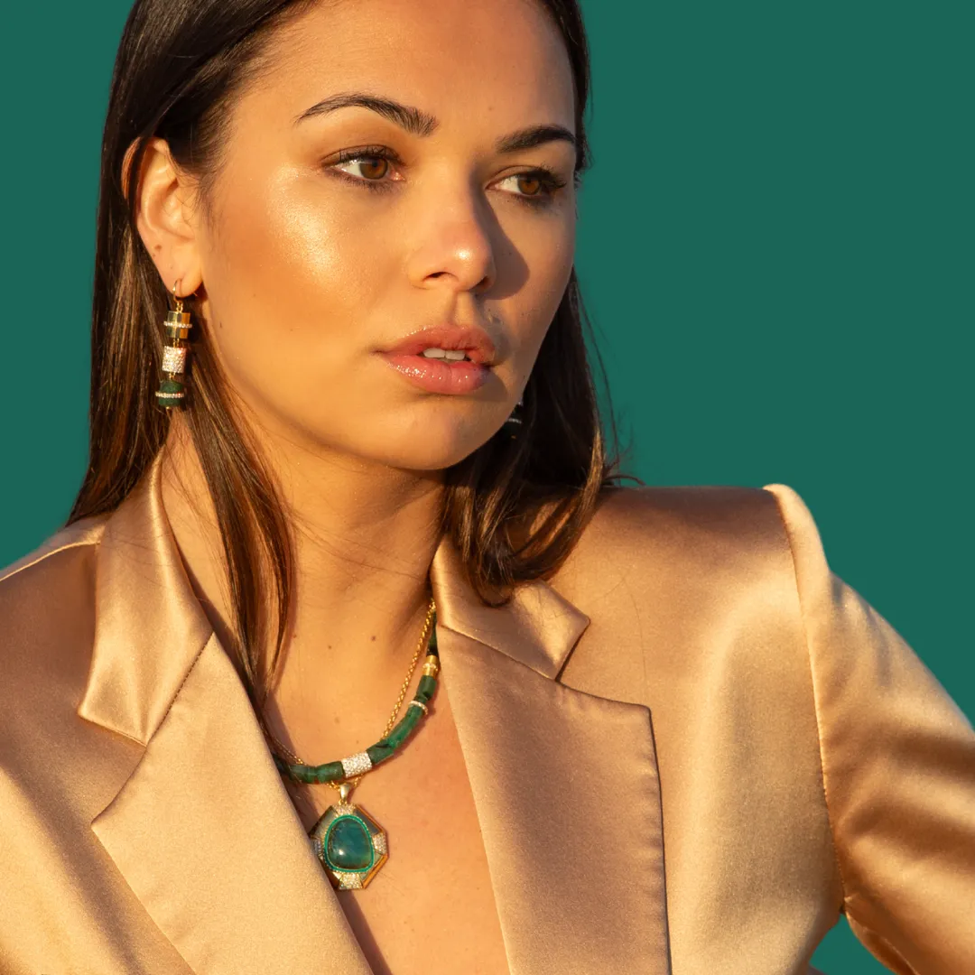 18K Yellow Gold Polygon Blue Opal With Diamonds Necklace