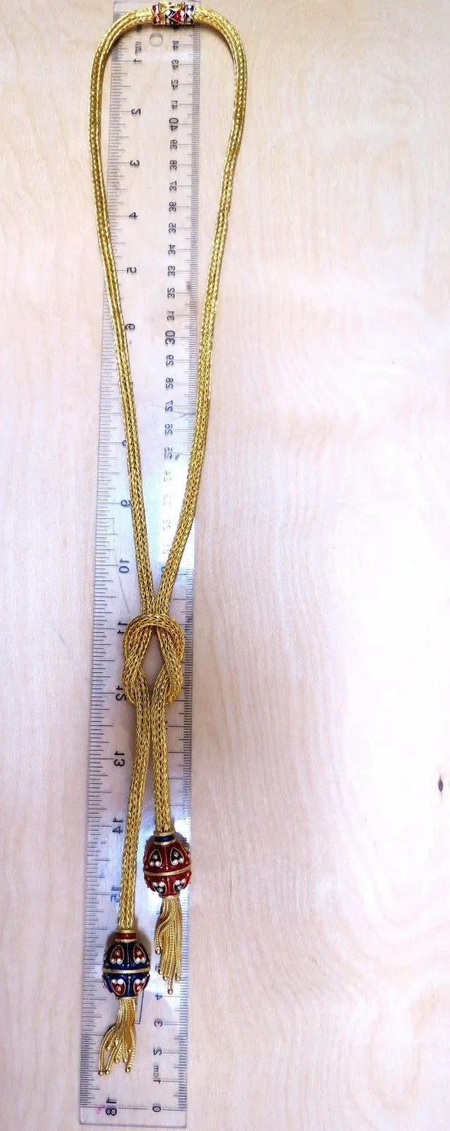 18kt Sailor's Knot Enameled Weave Necklace Long Bolo Tassel Deco 132 grams