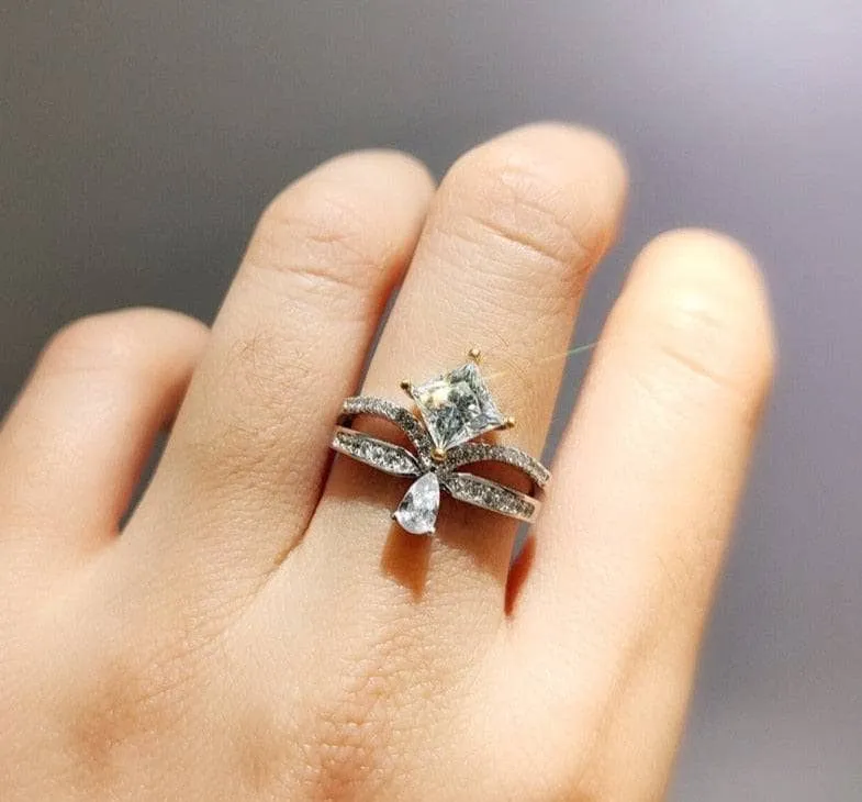1ct Princess Cut Diamond Cute Water Drop Crown Engagement Ring