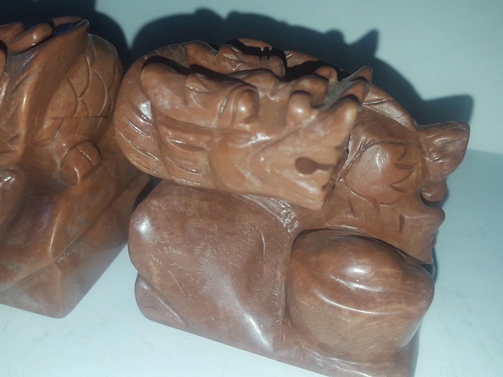 2 pcs Chinese Vintage Genuine Natural Red Jade HandCarved  A Pair of Jade Lion-Dragon Statues