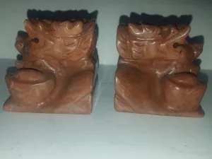 2 pcs Chinese Vintage Genuine Natural Red Jade HandCarved  A Pair of Jade Lion-Dragon Statues