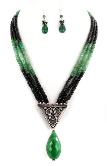 200 Ct 100% Certified Three Row & Emerald Beads Designer Necklace For Gift