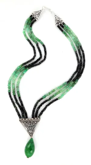 200 Ct 100% Certified Three Row & Emerald Beads Designer Necklace For Gift