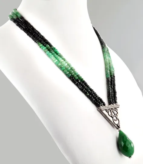 200 Ct 100% Certified Three Row & Emerald Beads Designer Necklace For Gift