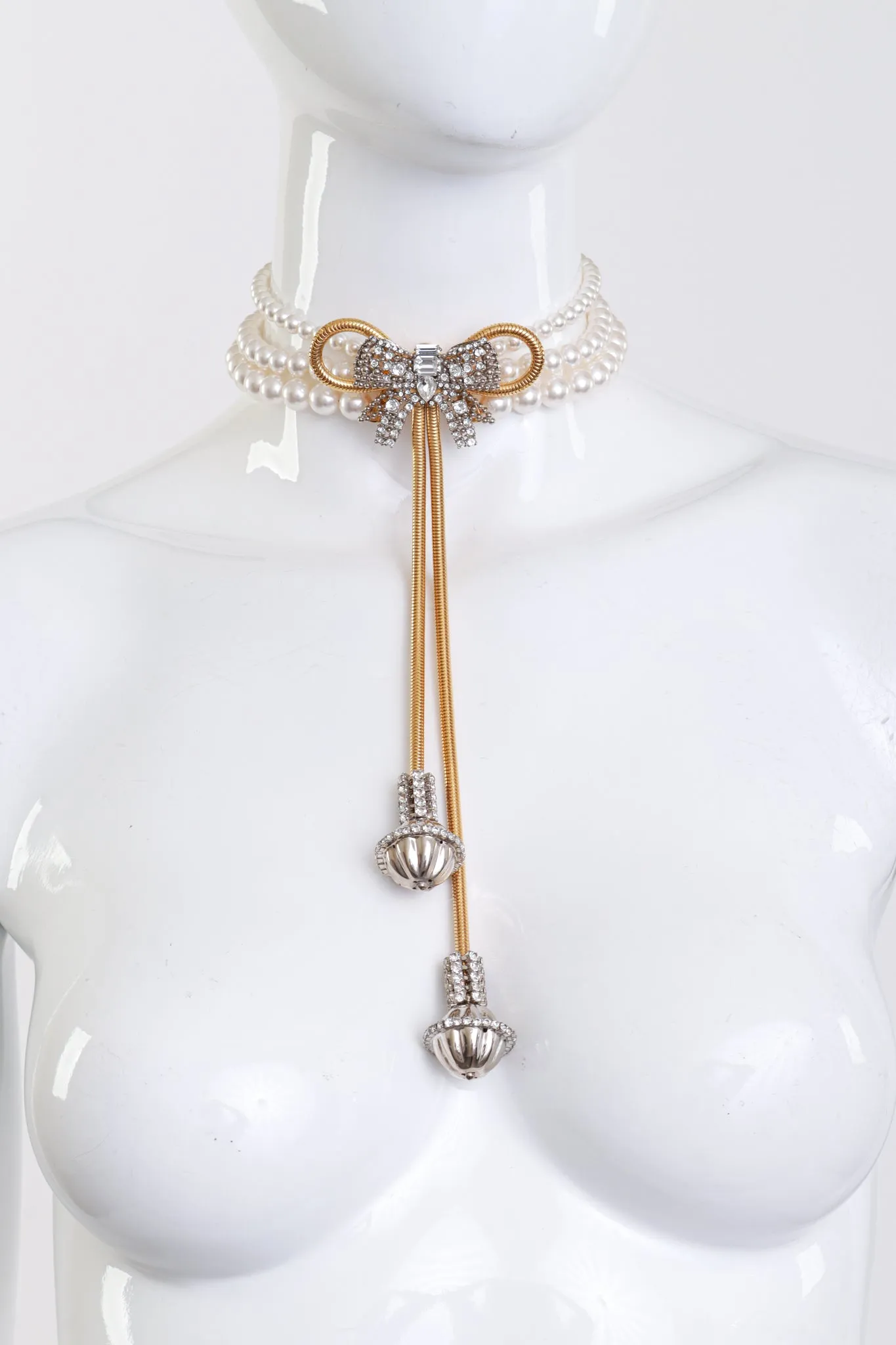 2012 C Pearl Rhinestone Bow Drop Choker Necklace