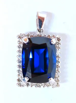 23.40ct Lab Cushion Blue Sapphire Diamonds pendant 14kt