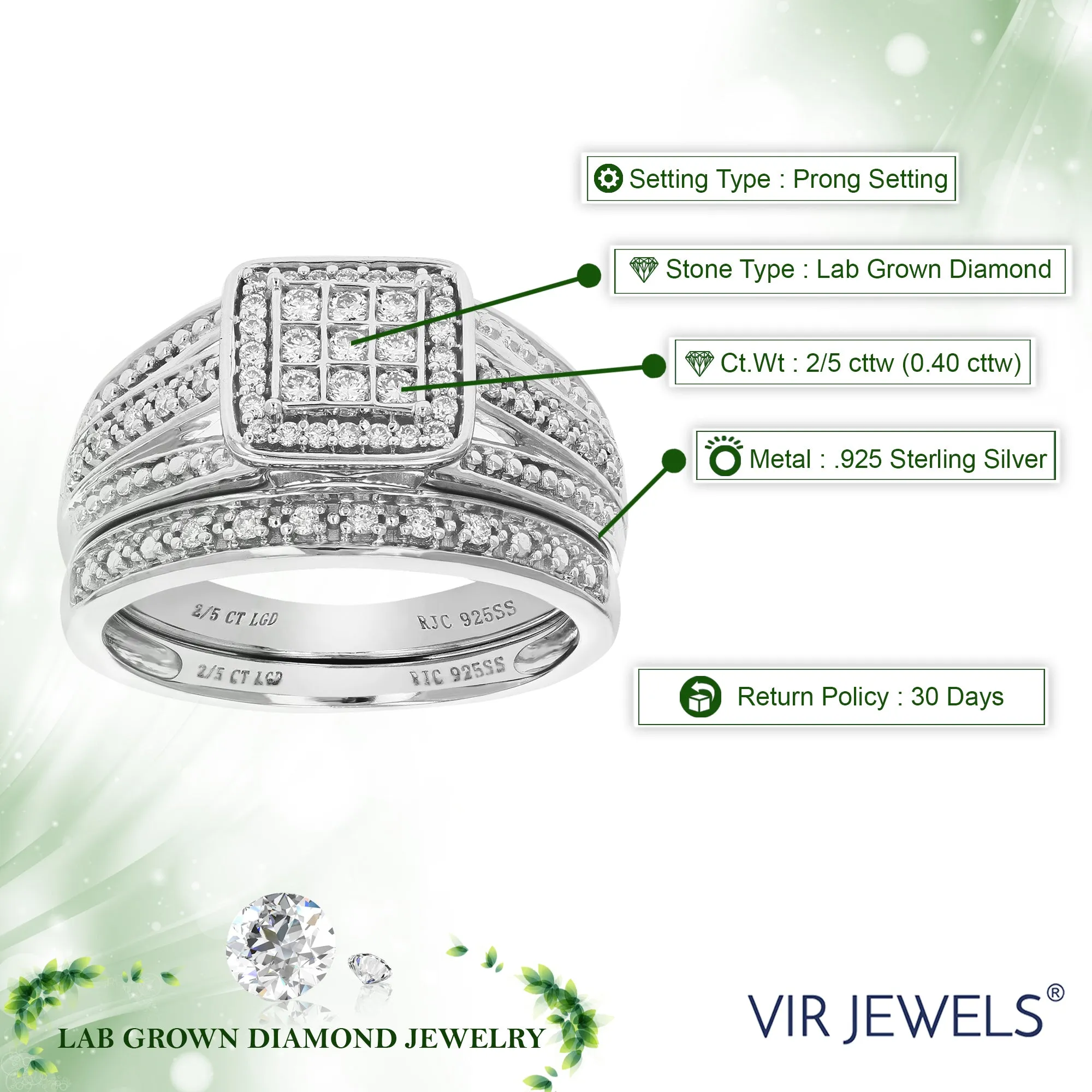 2/5 cttw Lab Grown Diamond Cushion Bridal Set in Sterling Silver