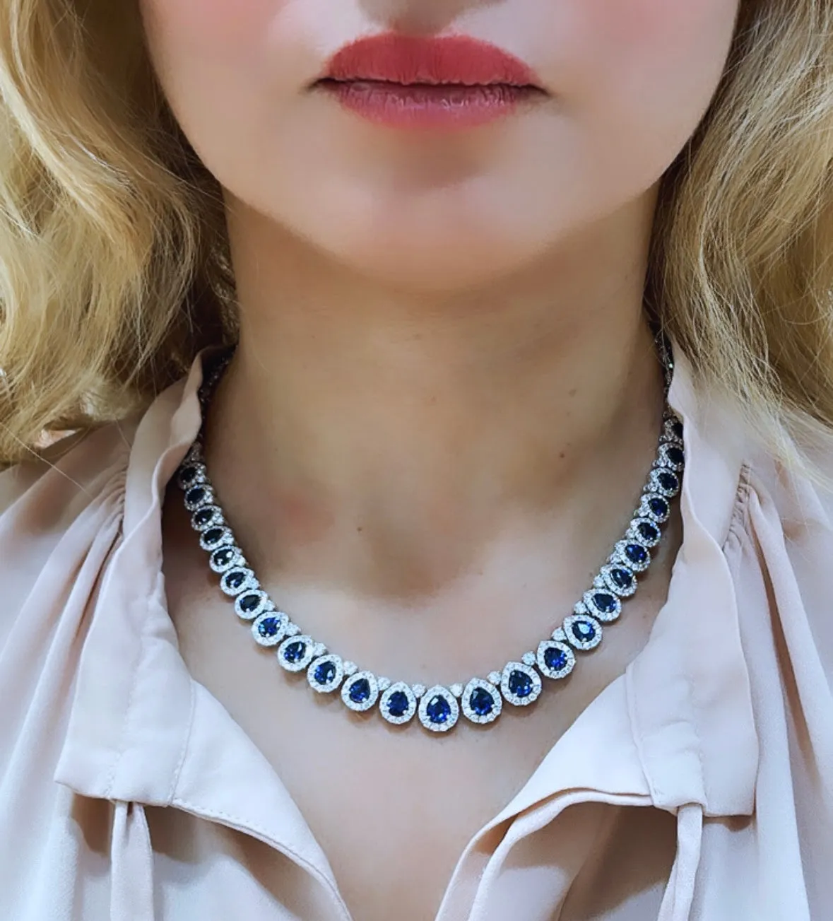 27.65carat Pear shape Diamond and Royal Blue Sapphire Statement Necklace