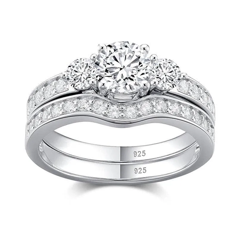 2pcs 3 Stone Round Cut Created Diamond Wedding Ring Set