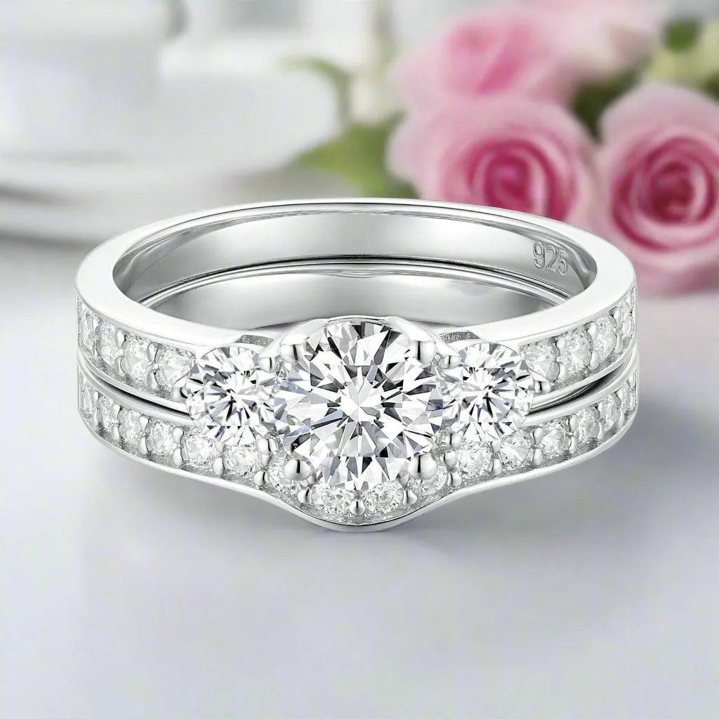 2pcs 3 Stone Round Cut Created Diamond Wedding Ring Set