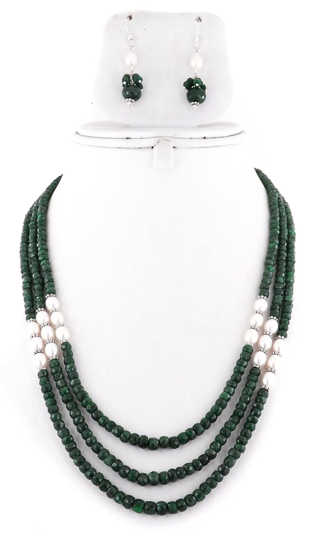 3-4 mm Emerald Beads with Pearls (Moti) Three Strand Designer Necklace