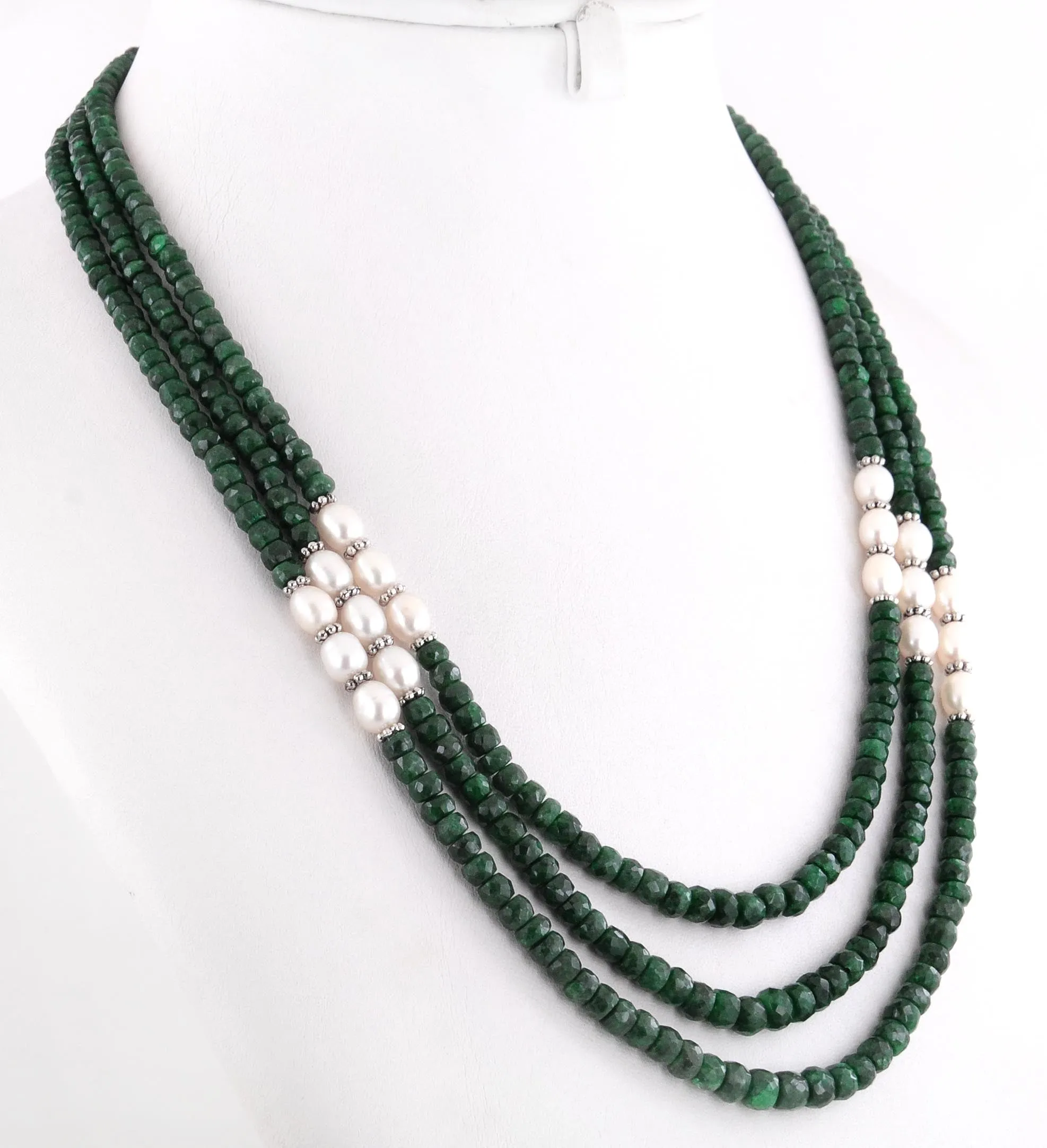 3-4 mm Emerald Beads with Pearls (Moti) Three Strand Designer Necklace