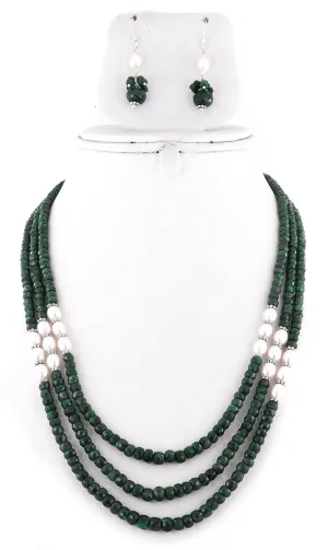 3-4 mm Emerald Beads with Pearls (Moti) Three Strand Designer Necklace
