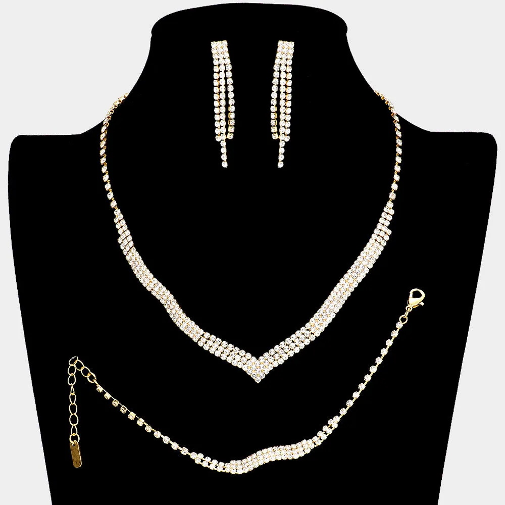 3 Piece Clear Crystal Rhinestone Fringe Necklace Set on Gold | Homecoming Jewelry |  299087