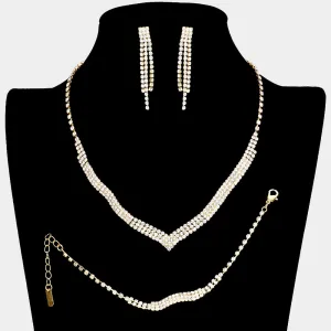 3 Piece Clear Crystal Rhinestone Fringe Necklace Set on Gold | Homecoming Jewelry |  299087