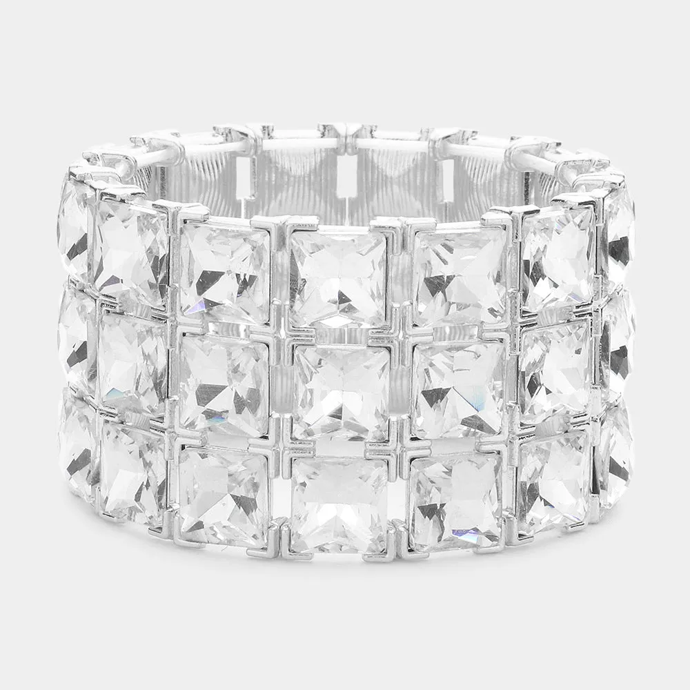 3 Row Clear Square Stone Stretch Pageant Bracelet | Statement Jewelry | 575010