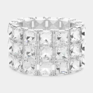 3 Row Clear Square Stone Stretch Pageant Bracelet | Statement Jewelry | 575010