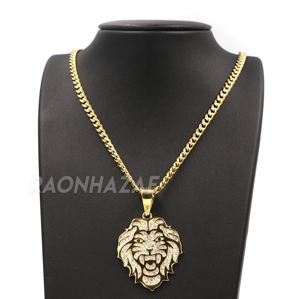 316L Stainless Blinged Out Drake Tiger Charm Pendant w/ 4mm Miami Cuban Chain
