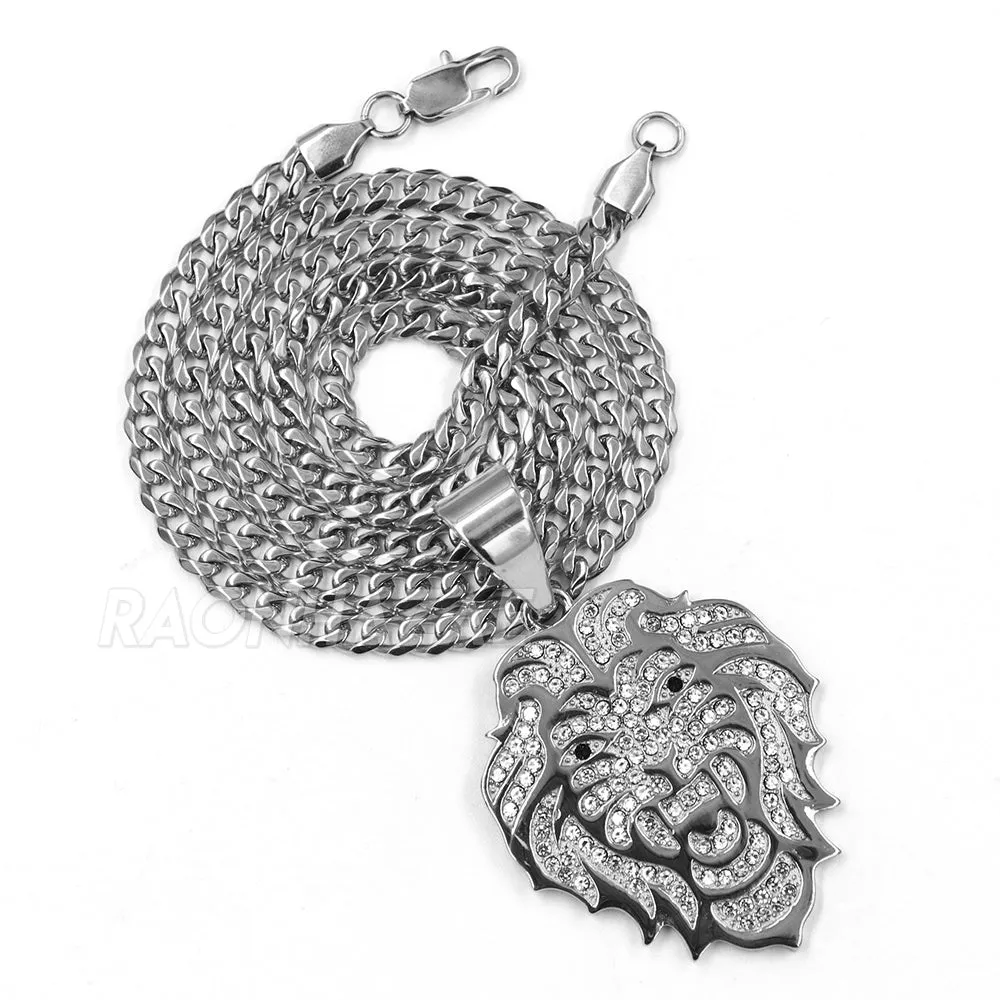 316L Stainless Blinged Out Drake Tiger Charm Pendant w/ 4mm Miami Cuban Chain