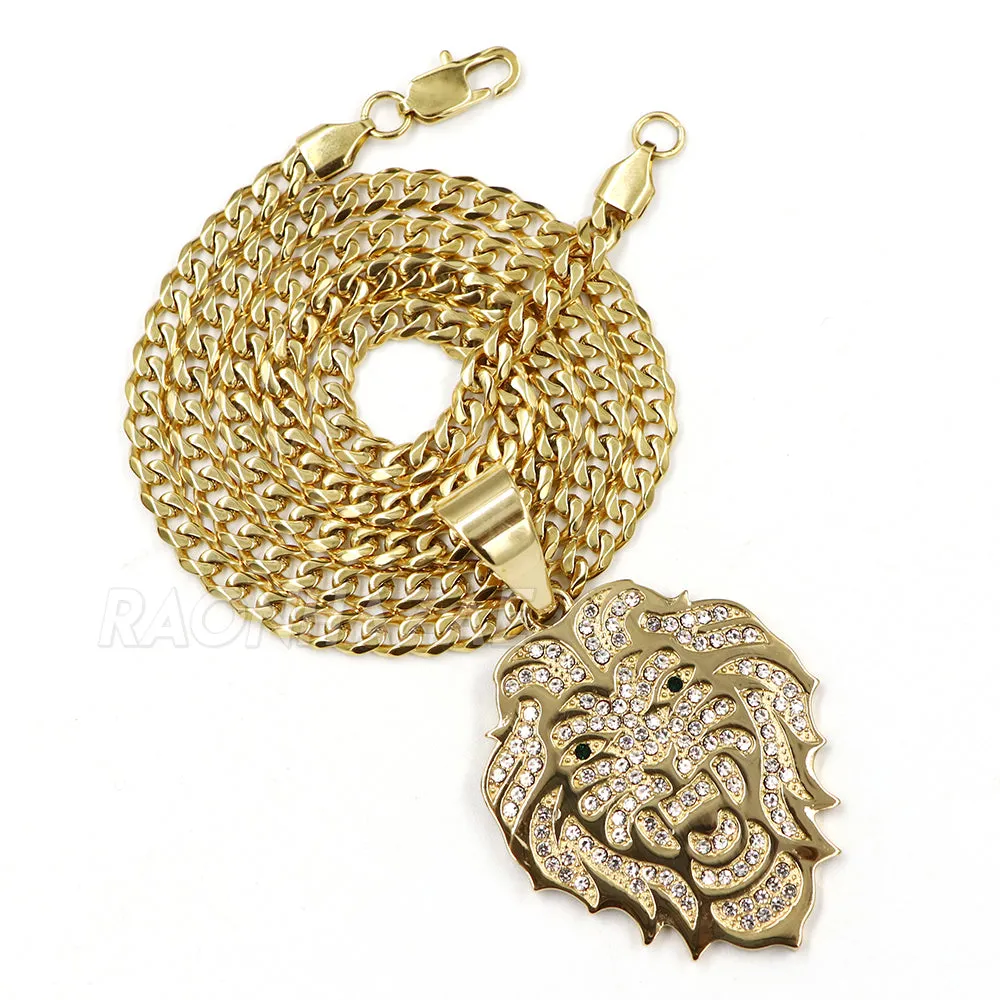 316L Stainless Blinged Out Drake Tiger Charm Pendant w/ 4mm Miami Cuban Chain