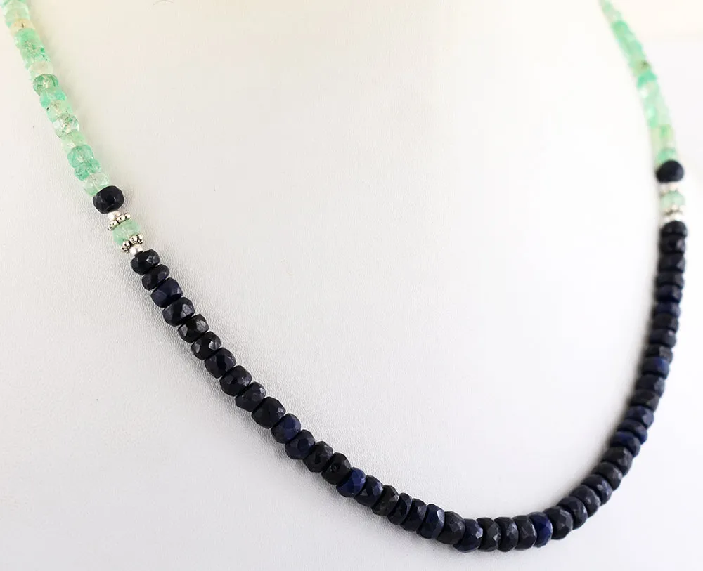 4-5 mm Blue Sapphire & Emerald Gemstone Beads Necklace In 925 Silver Clasp