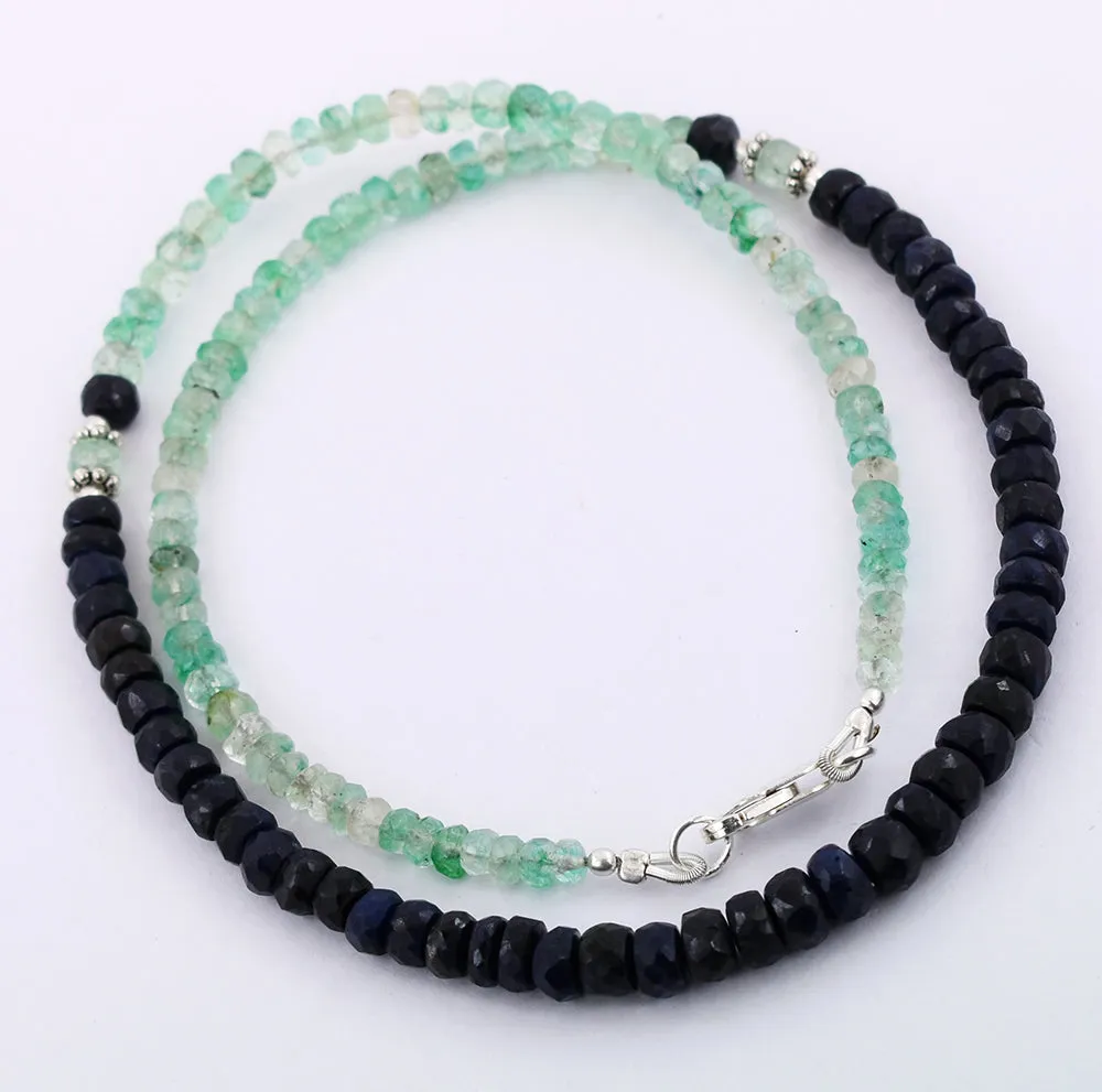 4-5 mm Blue Sapphire & Emerald Gemstone Beads Necklace In 925 Silver Clasp