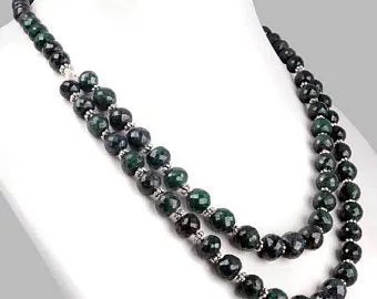 4-5 mm Emerald Beads & Blue Sapphire Silver (Goli) Fancy Necklace, Gift For Birthday
