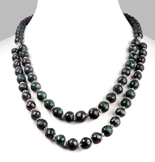 4-5 mm Emerald Beads & Blue Sapphire Silver (Goli) Fancy Necklace, Gift For Birthday