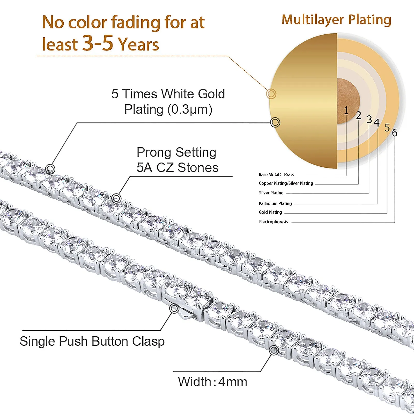 4mm White Gold CZ Diamond Mens Tennis Chain Necklace KRKC