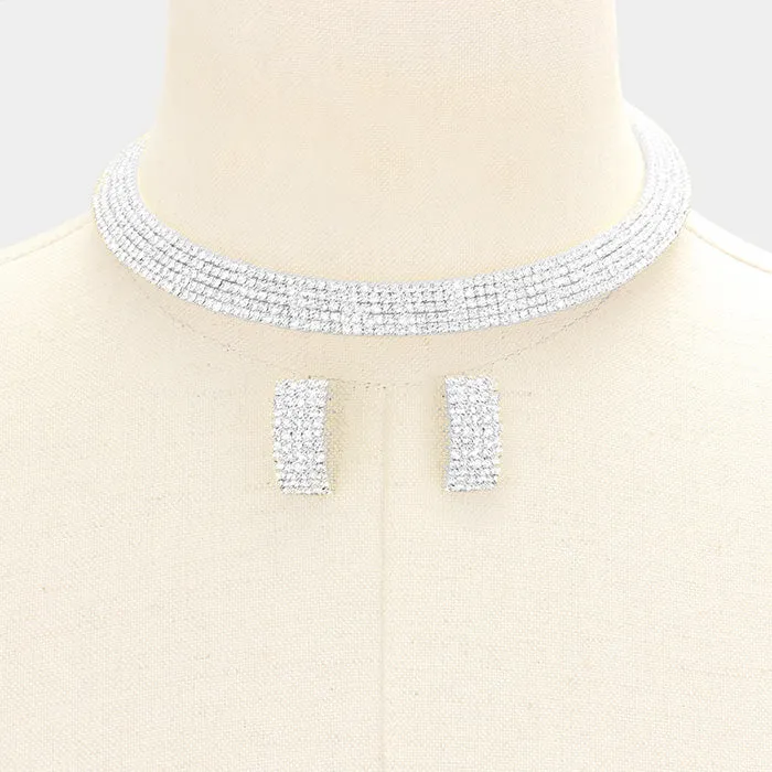 5 Row Rhinestone Choker and Earrings | 351952