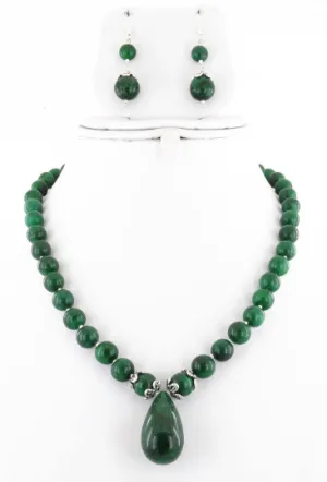6-9 mm 100% Certified Emerald Cabochon Beads with Emerald Drop Necklace In Silver Clasp