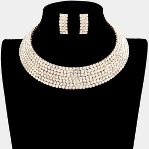 7 Row Rhinestone Pageant Necklace Set on Gold | Rhinestone Choker Necklace on Gold|  555660
