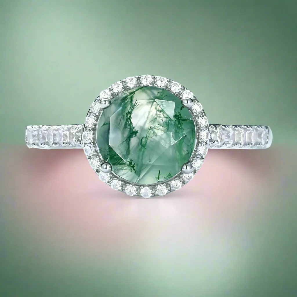 8mm Round Moss Agate Halo Engagement Ring