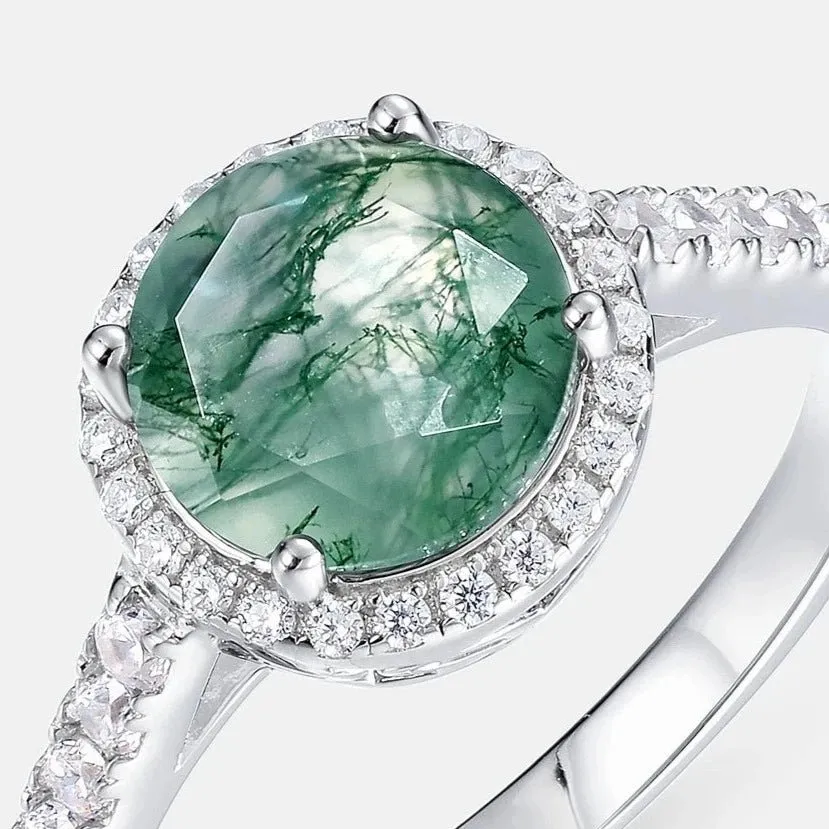 8mm Round Moss Agate Halo Engagement Ring