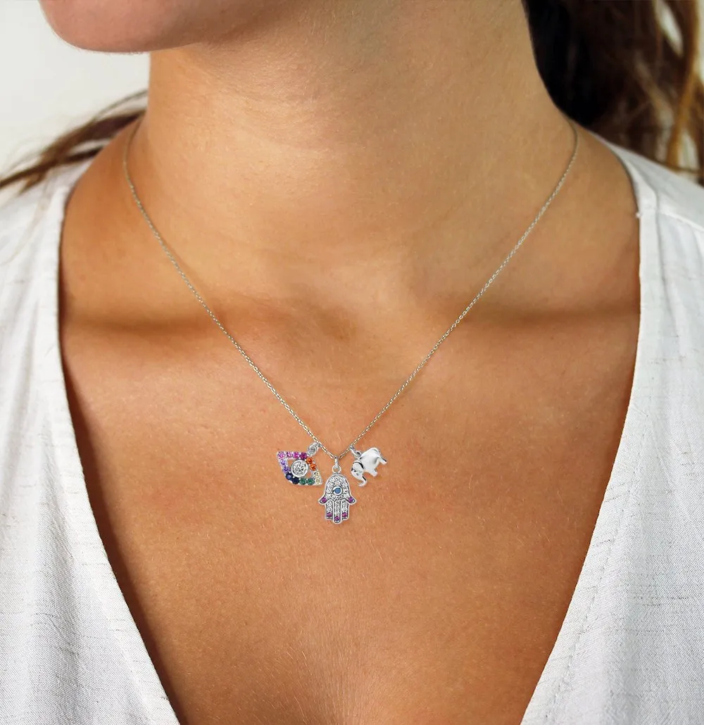 925 Sterling Silver Colorful Rainbow Hamsa, Evil Eye, Charm Necklace