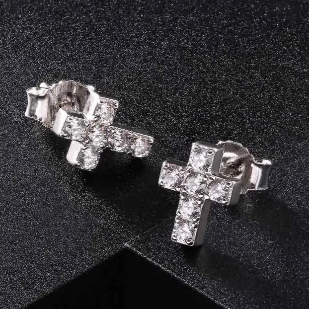 925 Sterling Silver Diamond Cross Stud Earrings for Men