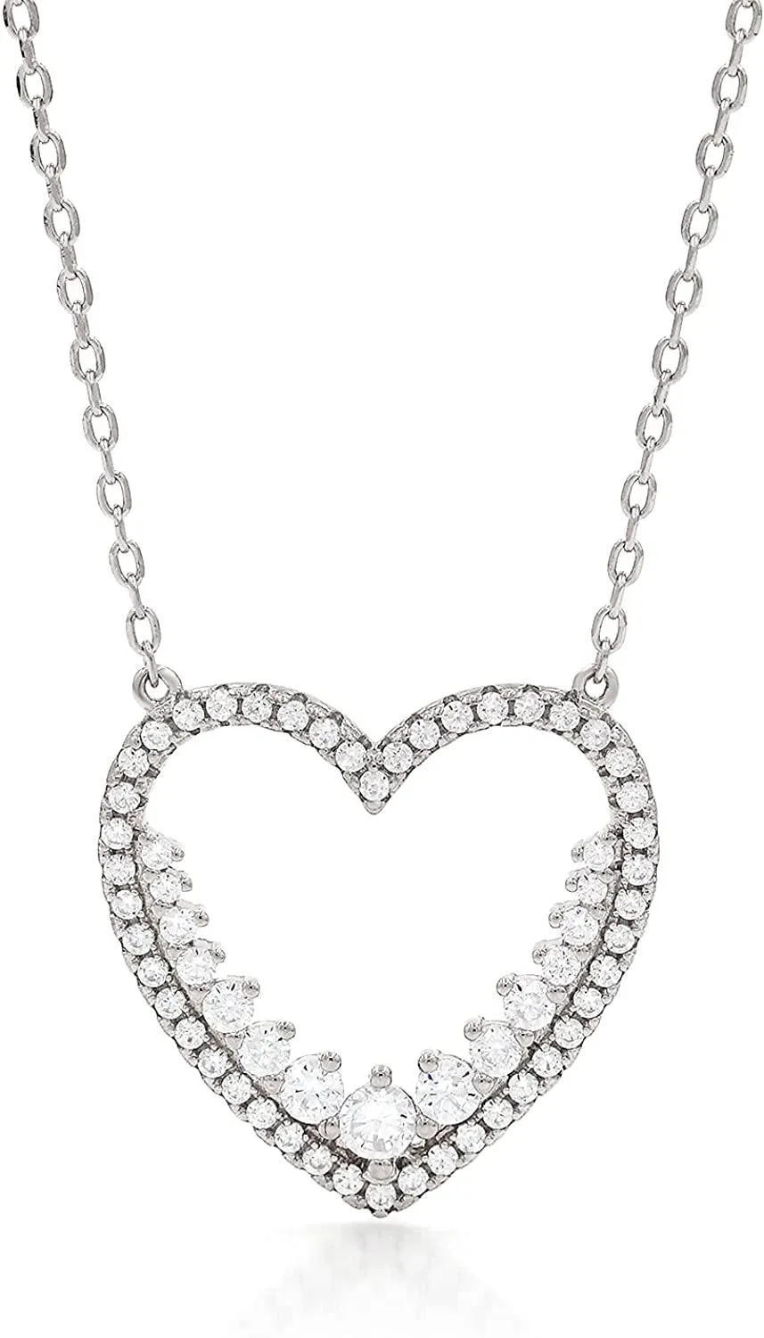 .925 Sterling Silver Open Heart Pendant Necklace, Micro Pave Cubic Zirconia, Giorgio Bergamo