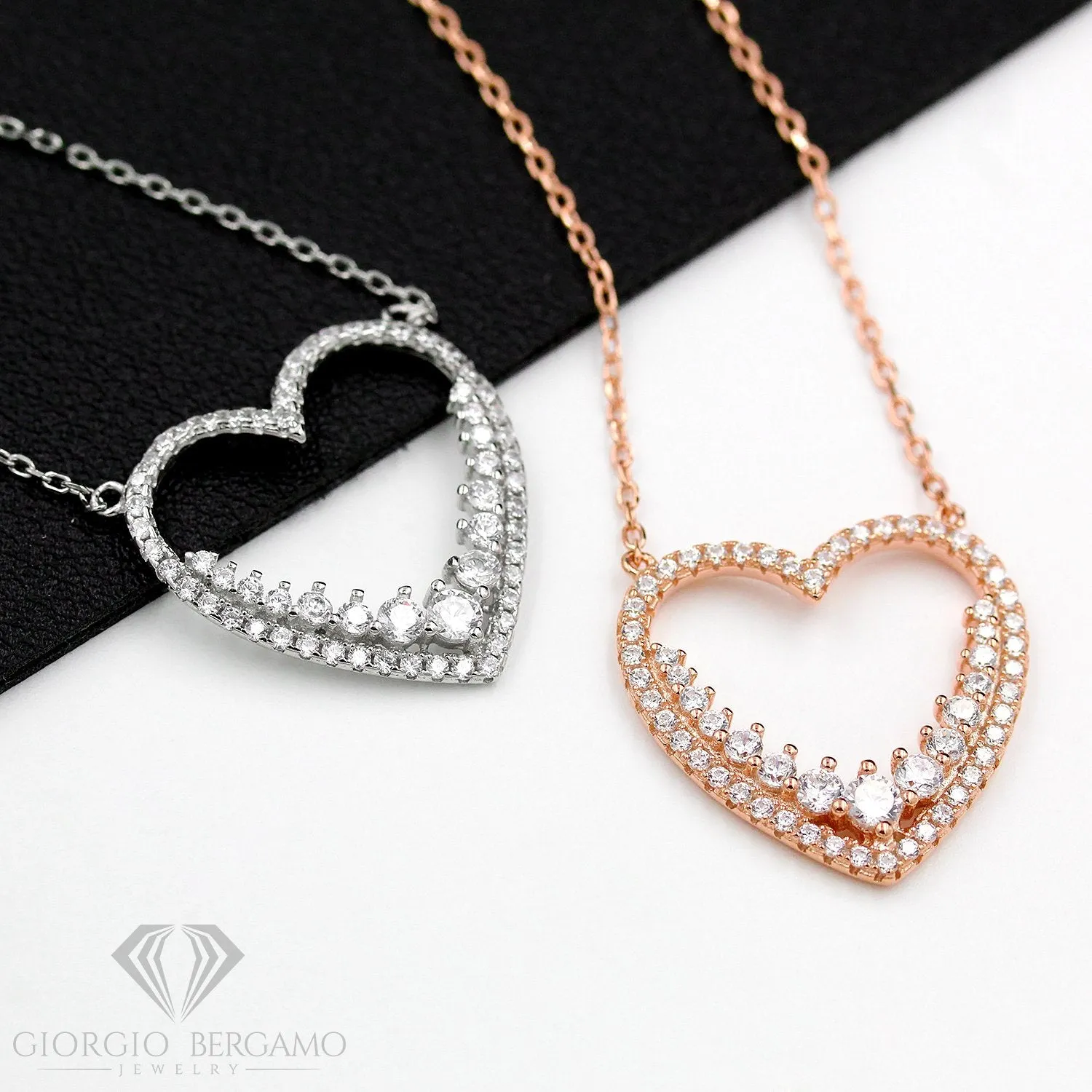 .925 Sterling Silver Open Heart Pendant Necklace, Micro Pave Cubic Zirconia, Giorgio Bergamo