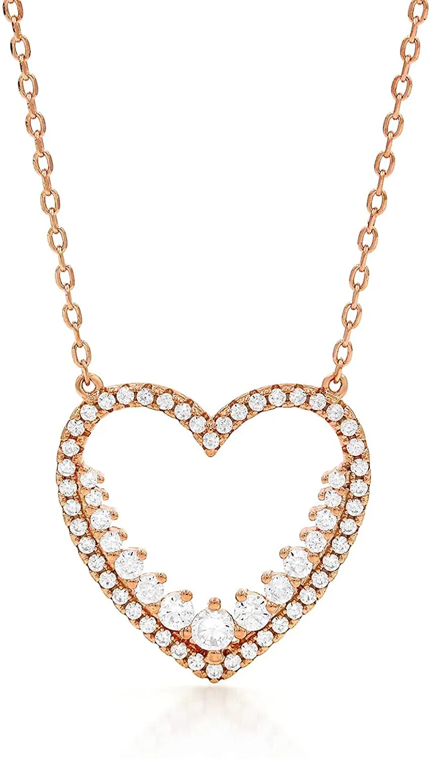 .925 Sterling Silver Open Heart Pendant Necklace, Micro Pave Cubic Zirconia, Giorgio Bergamo