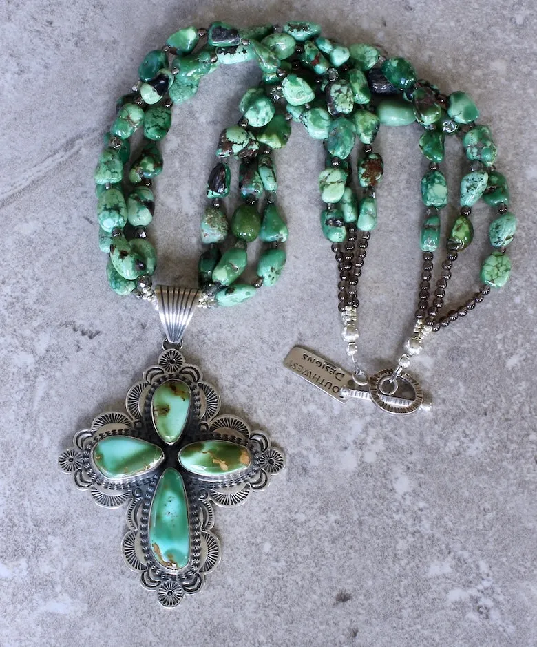 Albert Jake 4-Stone Turquoise & Sterling Silver Pendant with 3 Strands of Turquoise, Smoky Quartz & Czech Glass, and a Sterling Silver Toggle Clasp