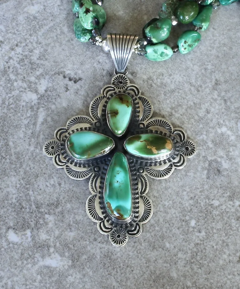 Albert Jake 4-Stone Turquoise & Sterling Silver Pendant with 3 Strands of Turquoise, Smoky Quartz & Czech Glass, and a Sterling Silver Toggle Clasp