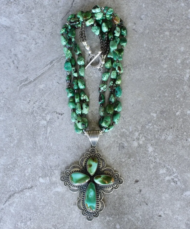 Albert Jake 4-Stone Turquoise & Sterling Silver Pendant with 3 Strands of Turquoise, Smoky Quartz & Czech Glass, and a Sterling Silver Toggle Clasp