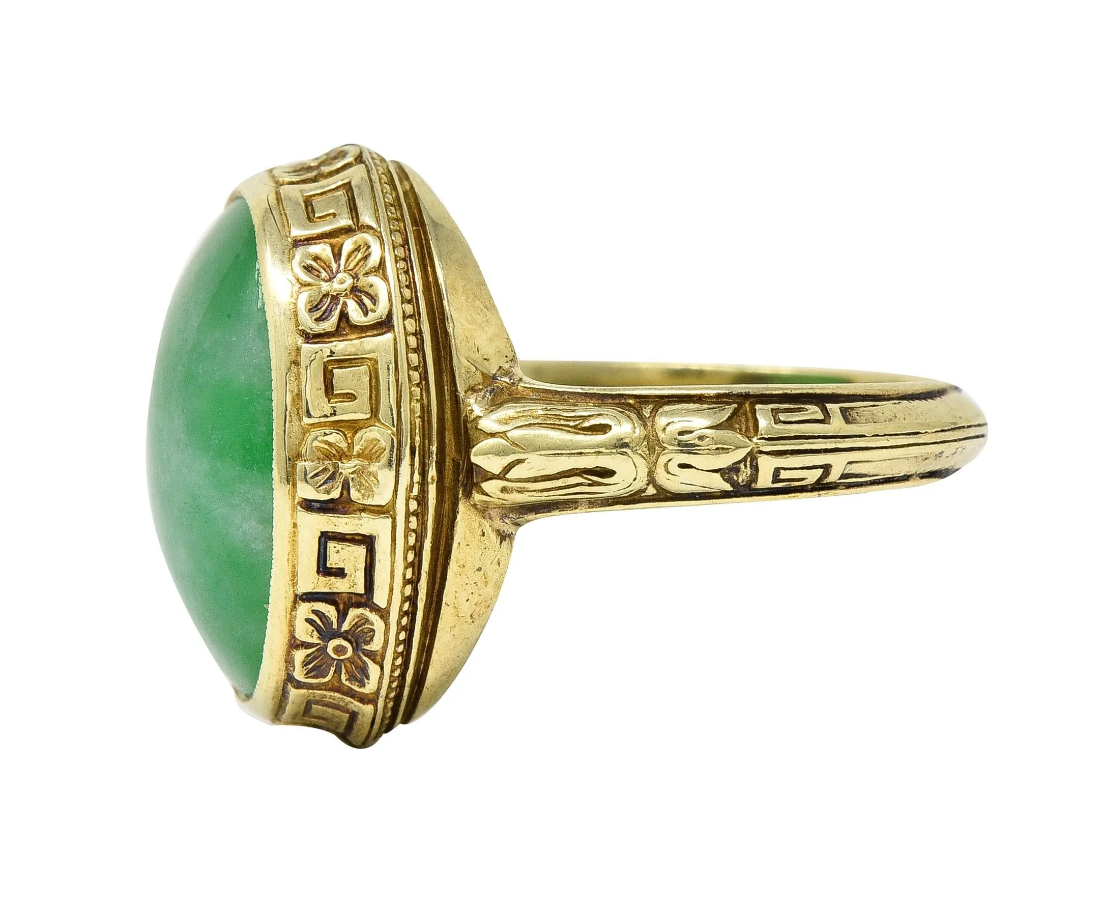Allsopp Bros. Art Deco Natural Jade 14 Karat Yellow Gold Orange Blossom Ring GIA