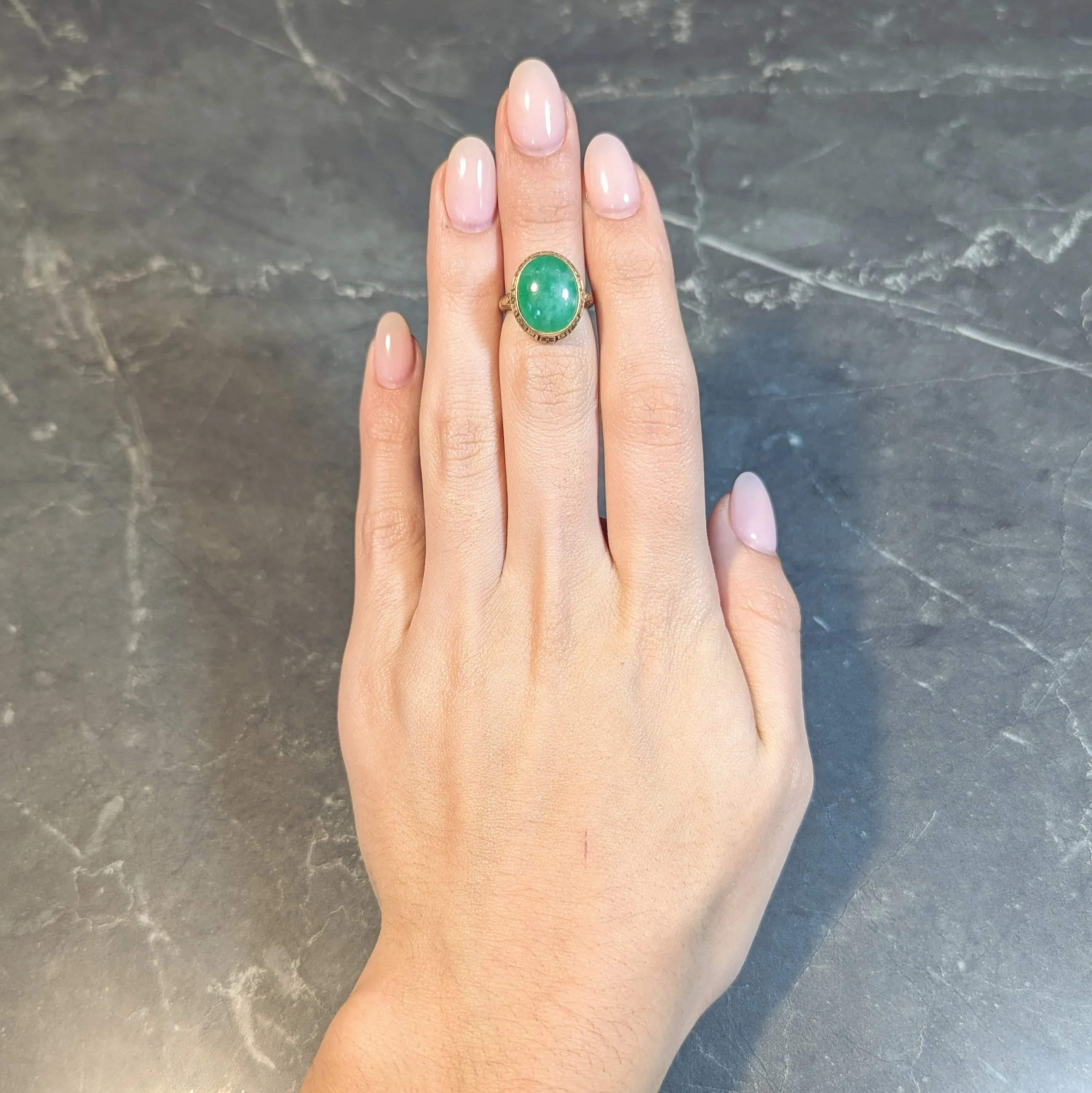 Allsopp Bros. Art Deco Natural Jade 14 Karat Yellow Gold Orange Blossom Ring GIA