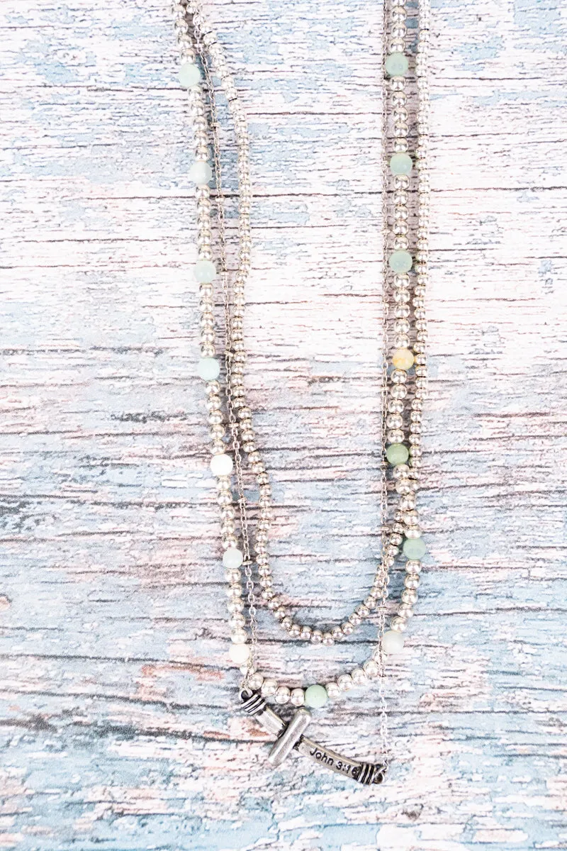 Amazonite Silvertone John 3:16 Cross Layered Necklace