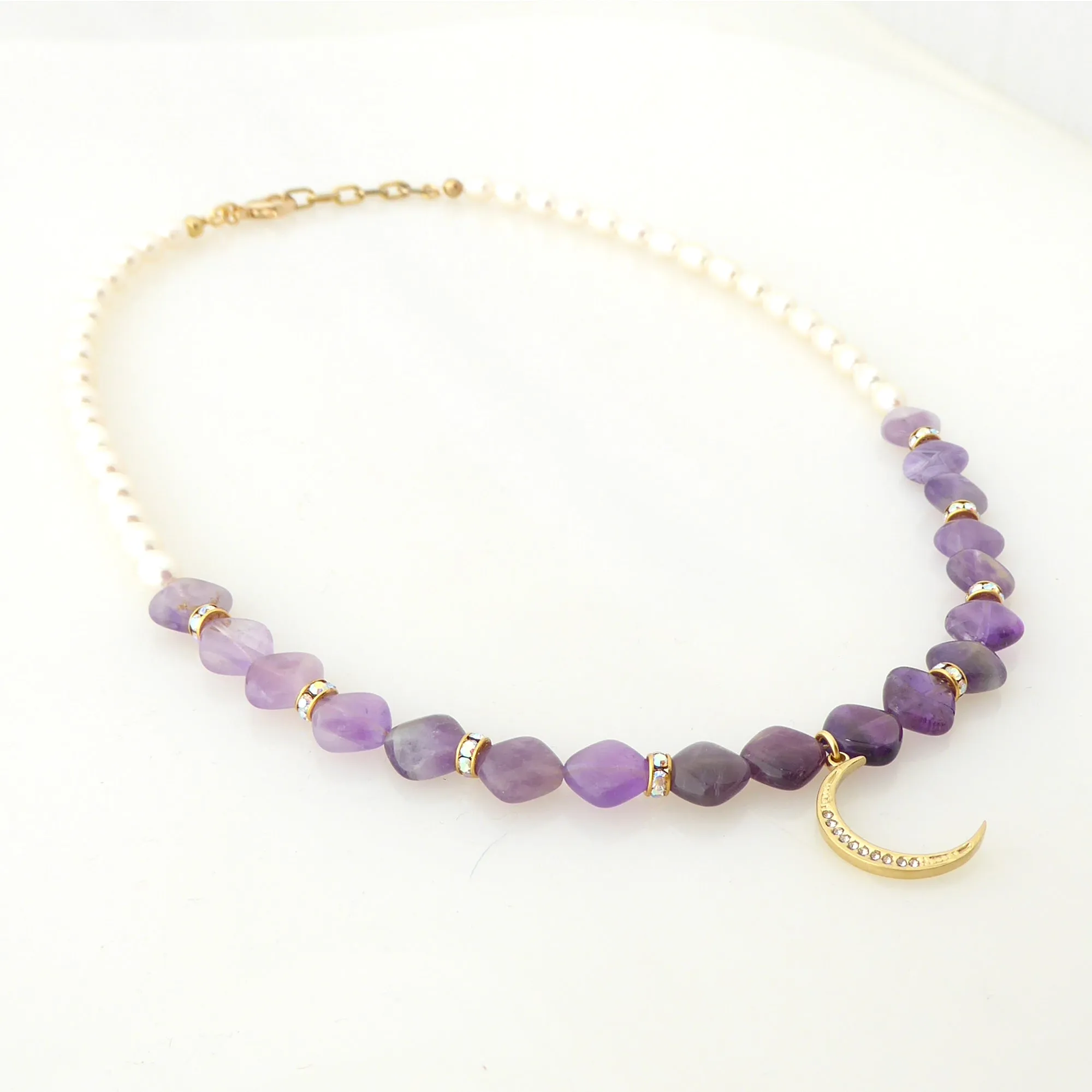 Amethyst and gold crescent moon necklace