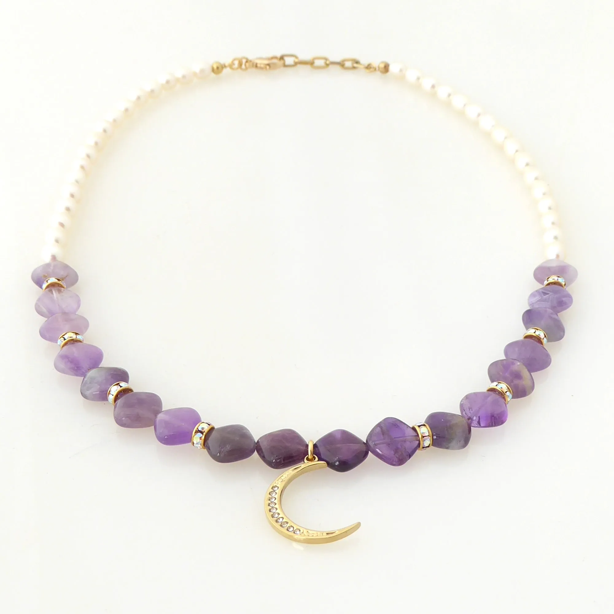 Amethyst and gold crescent moon necklace