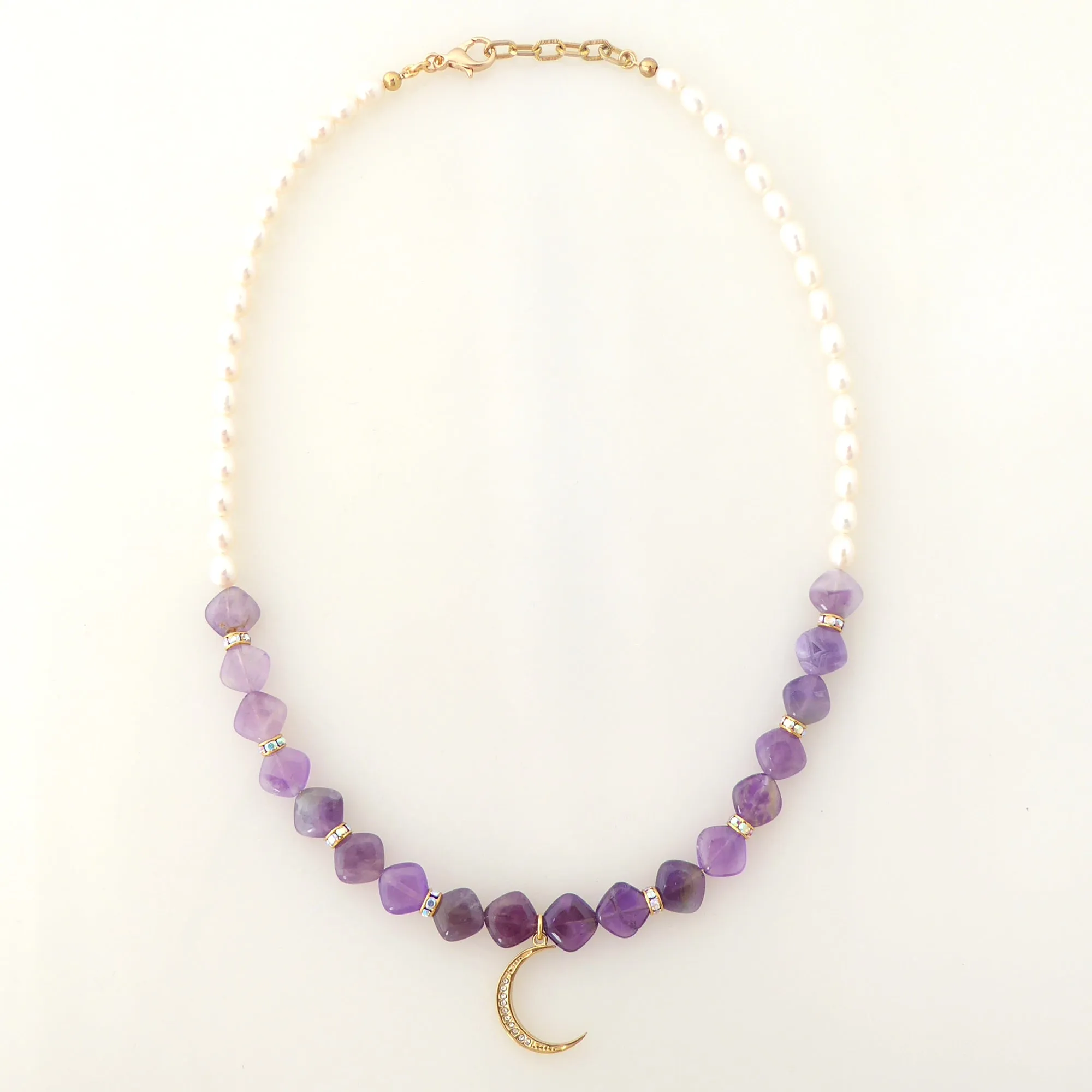 Amethyst and gold crescent moon necklace
