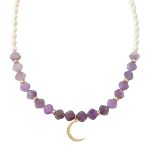 Amethyst and gold crescent moon necklace
