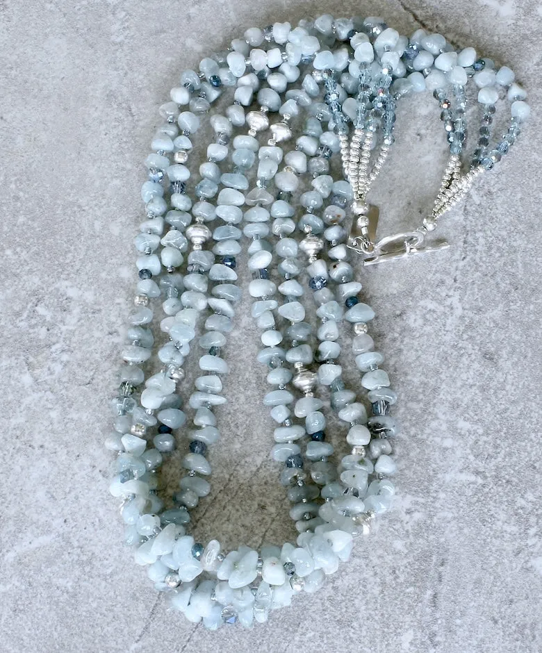 Aquamarine Nugget 4-Strand Necklace with Multi-Hued Czech Glass and Sterling Silver Beads & Toggle Clasp